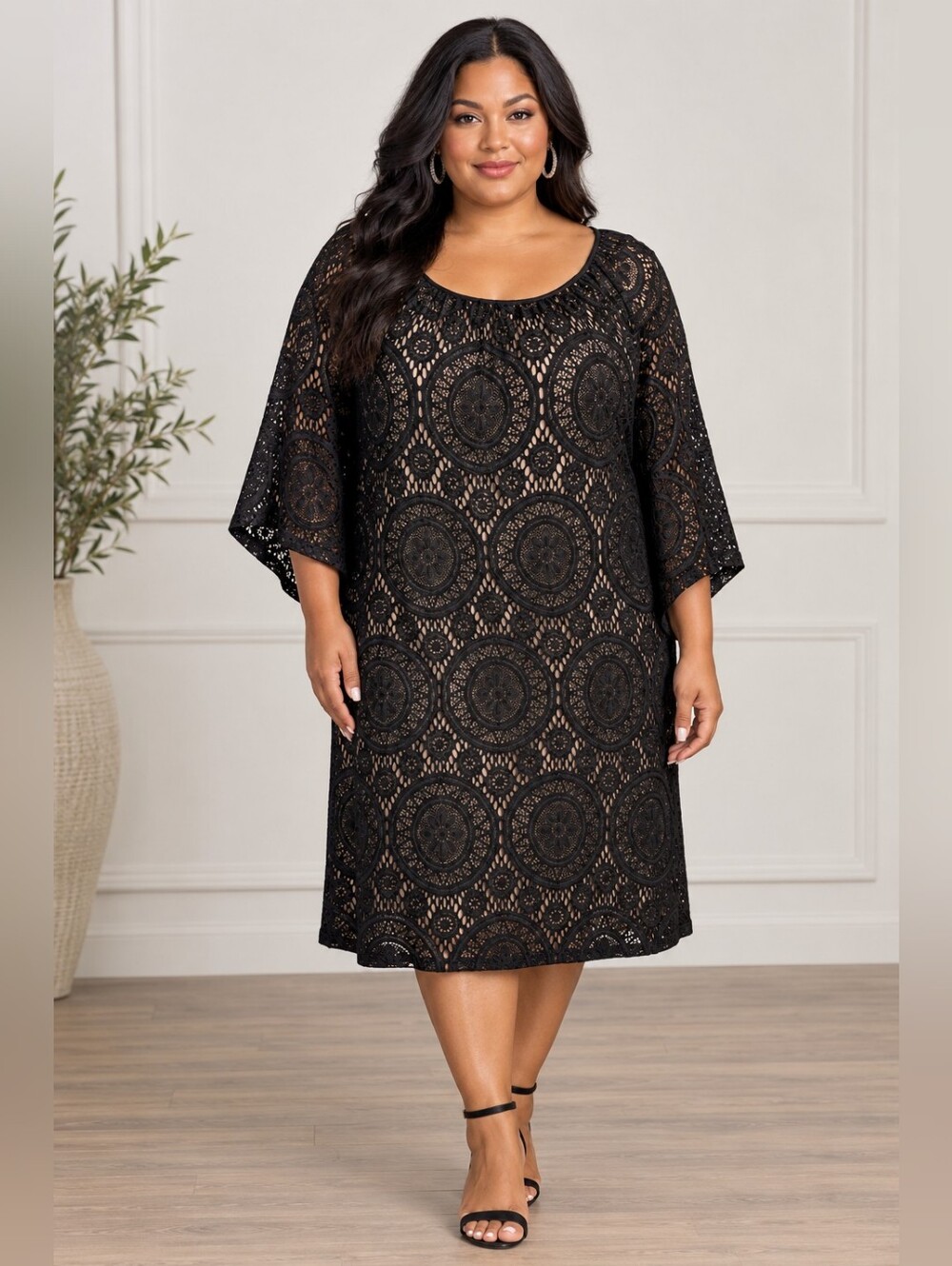 Tacera Black Lace Circle-Pattern Tunic Dress